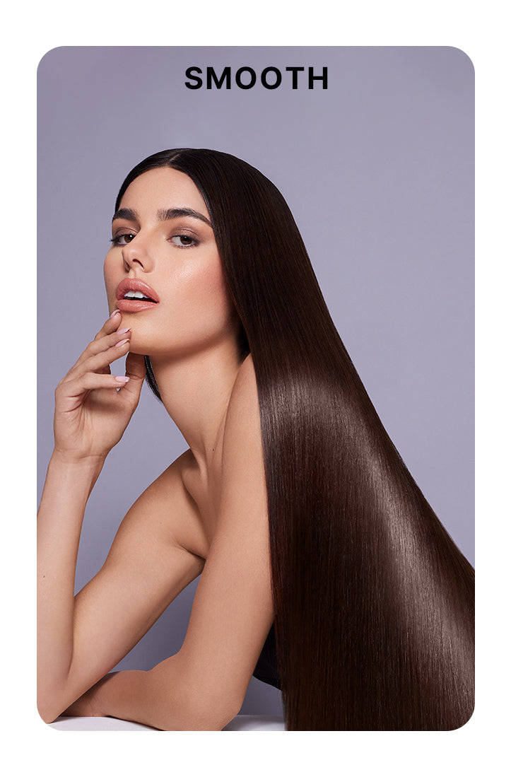 Model with ultra-sleek, glossy, dark brown straight hair cascading down one side, posed with hand near chin against a soft lavender background. Bold black text above reads: “SMOOTH.”