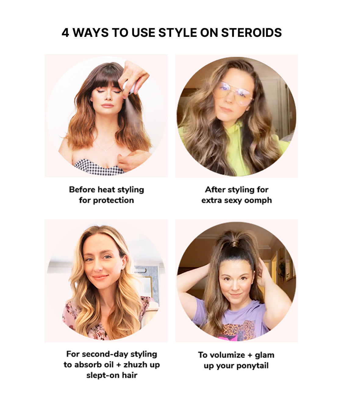 Four square images showing different uses for Style on Steroids hair product.
Top left: Woman applying product to long hair for heat styling protection.
Top right: Woman with voluminous, wavy hair wearing glasses, captioned 