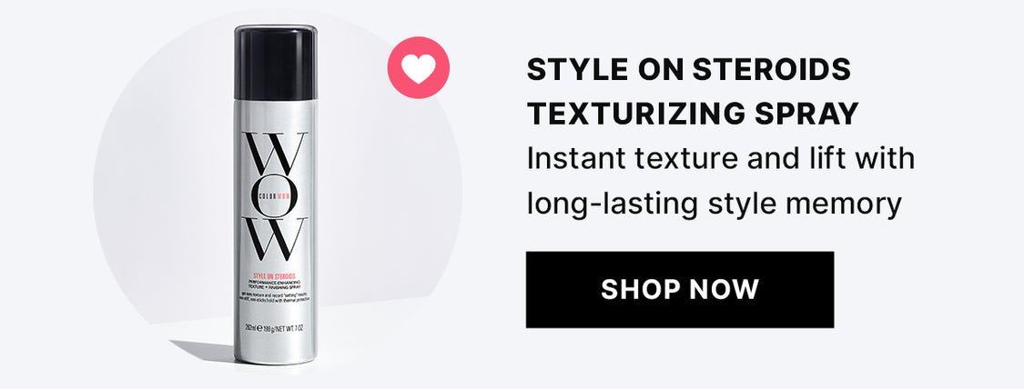 Advertisement for Color Wow Style On Steroids Texturizing Spray in a silver aerosol can, promoting instant texture and lift with long-lasting style memory, and a 'Shop Now' button.