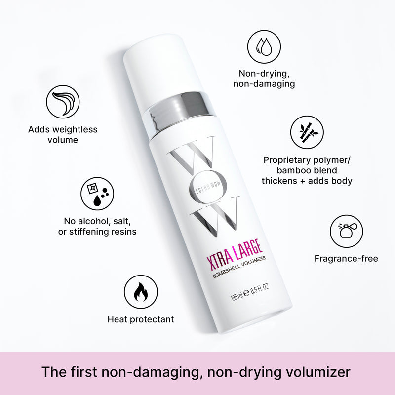 Xtra Large is the first non-damaging, non-drying volumizer. It adds weightless volume, contains no alcohol, salt, or stiffening resins, and is non-drying, non-damaging, and a heat protectant. It is also fragrance-free and has a proprietary polymer/bamboo blend that thickens + adds body.
