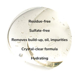 Clear liquid with bubbles on a white background, featuring text: residue-free, sulfate-free, removes build-up, oil, impurities, crystal-clear formula, hydrating