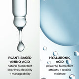 Close-up of a droplet with text about plant-based amino acid and hyaluronic acid. Plant-based amino acid: natural humectant improves elasticity + manageability. Hyaluronic acid: powerful humectant attracts + retains moisture.