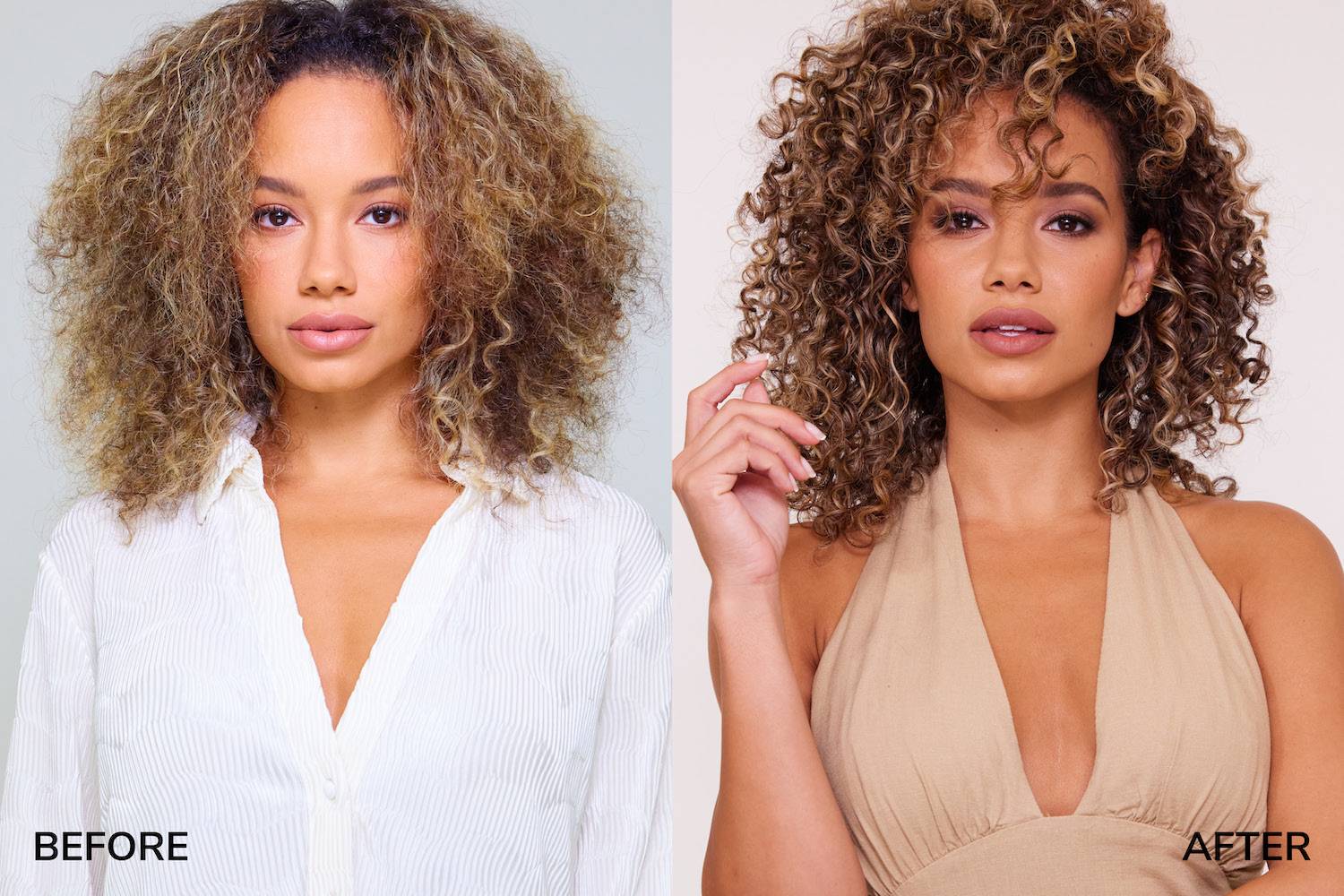 Before & after of a model with dehydrated curls and then hydrated, healthy-looking, glossy curls. 