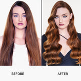 before and after of a red-haired model having used extra mist-ical shine spray