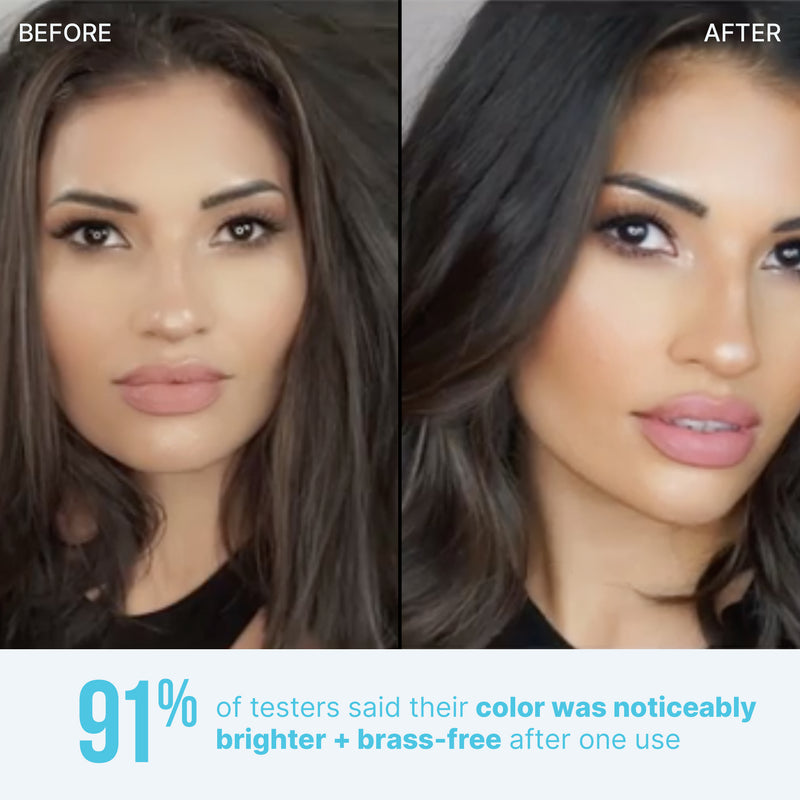 Before & after of a brunette model with brassy hair and then toned shiny, bouncy hair. 91% of testers said their color was noticeably brighter + brass-free after one use. 
