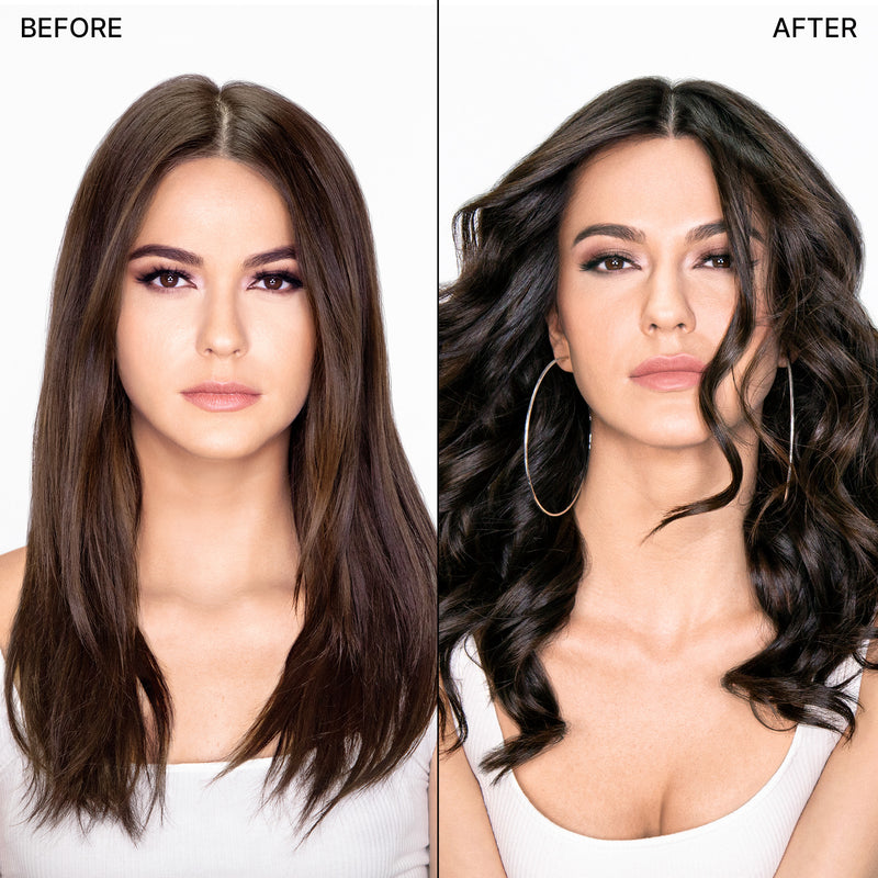 Before & after of a brunette model with brassy hair and then toned shiny, bouncy hair. 