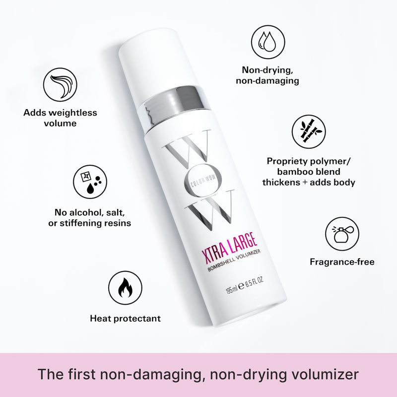 Xtra Large is the first non-damaging, non-drying volumizer. It adds weightless volume, contains no alcohol, salt, or stiffening resins, and is non-drying, non-damaging, and a heat protectant. It is also fragrance-free and has a propriety polymer/bamboo blend that thickens + adds body. 
