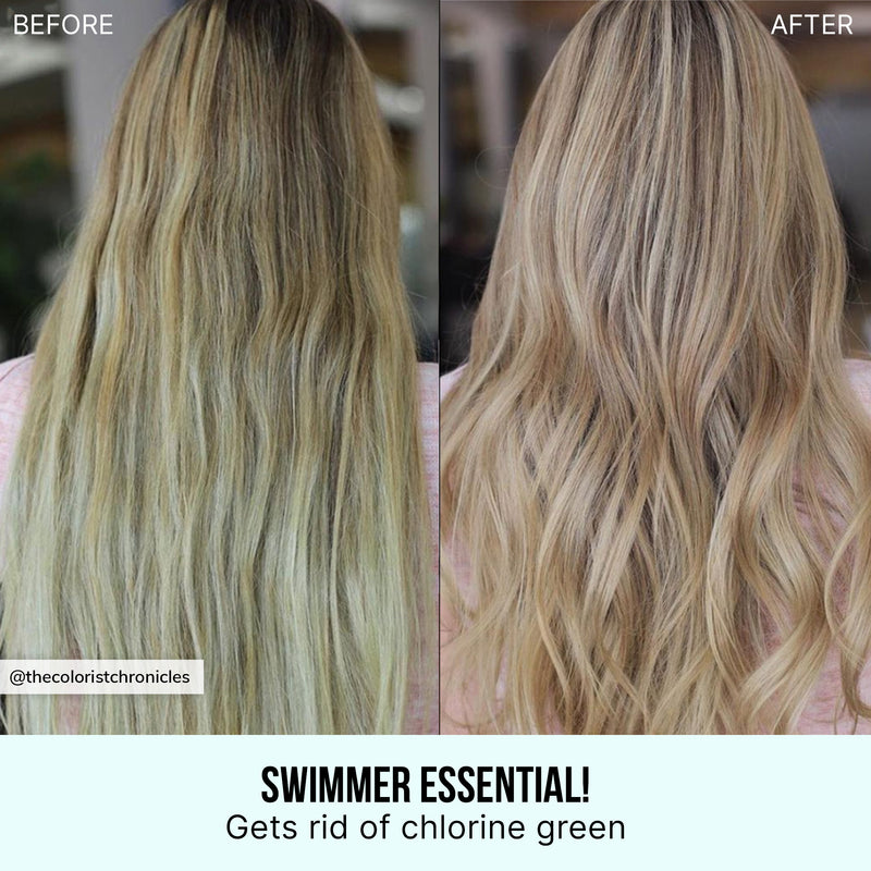 Swimmer essential! Gets rid of chlorine green. Before & after from @thecoloristchronicles of green, color-distorted blonde hair and then toned, bright blond hair. 