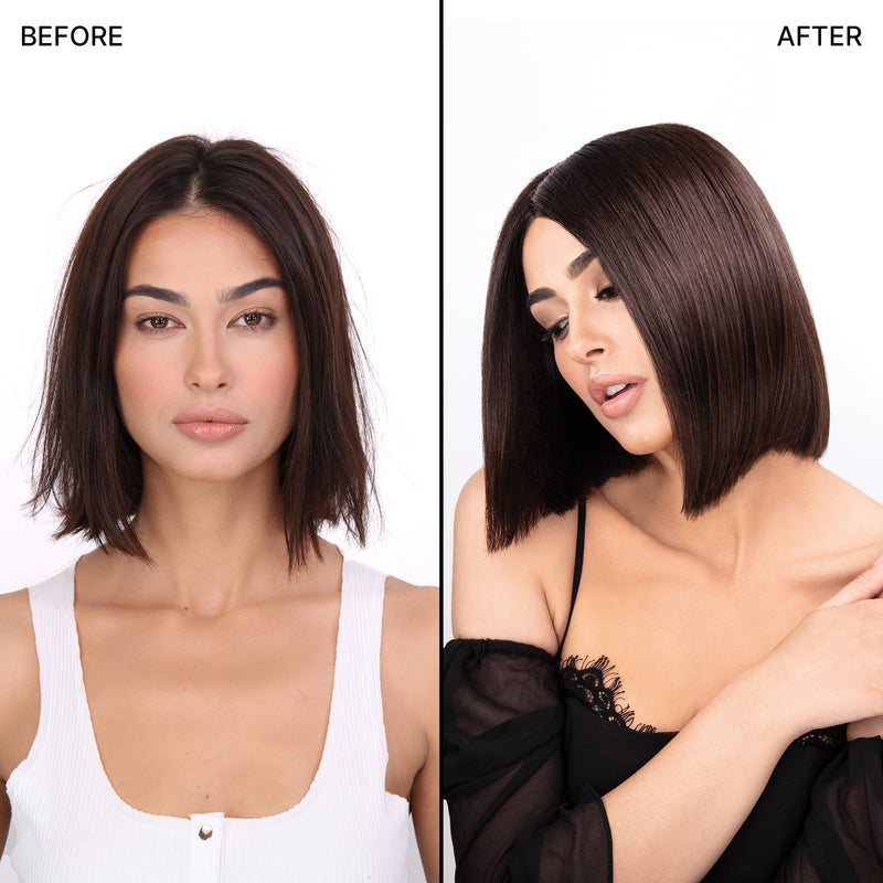 Before & after of a model with short frizzy hair and then straight, smooth hair.