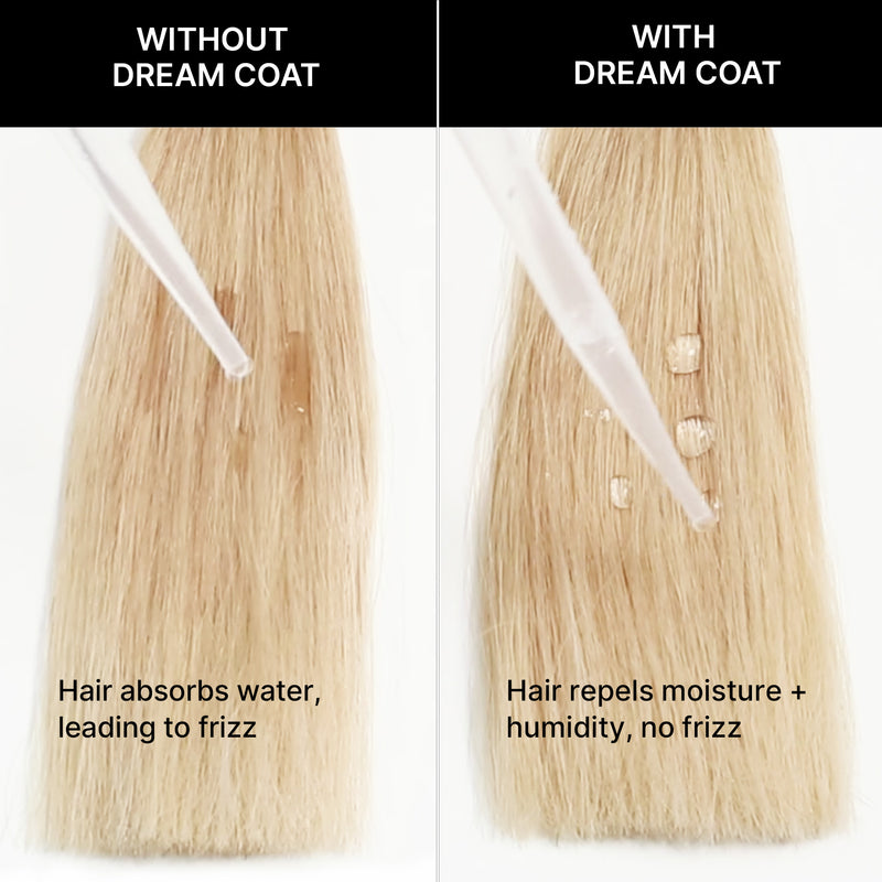 Without Dream Coat, hair absorbs water, leading to frizz. With Dream Coat, hair repels moisture and humidity, resulting in no frizz.