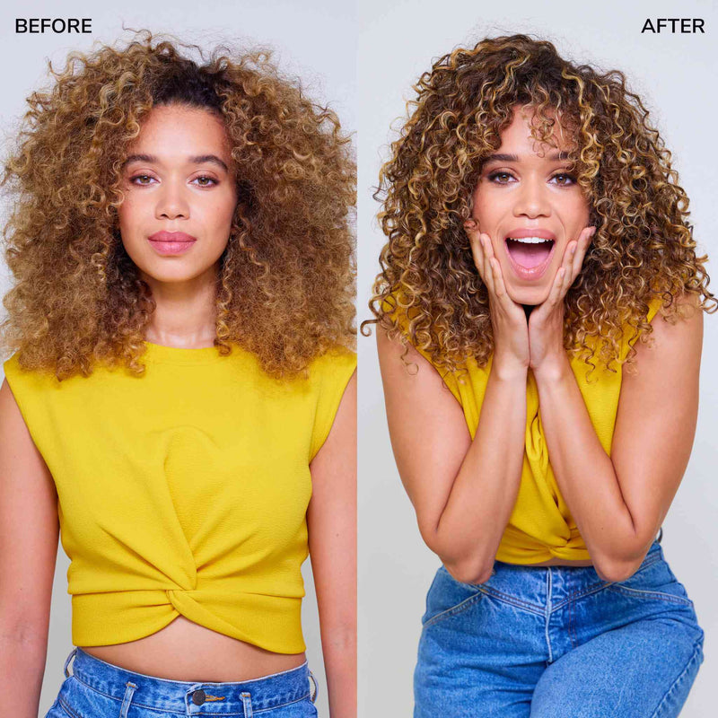 Before & after of a model with dehydrated, damaged curls and then hydrated, healthy-looking curls. 