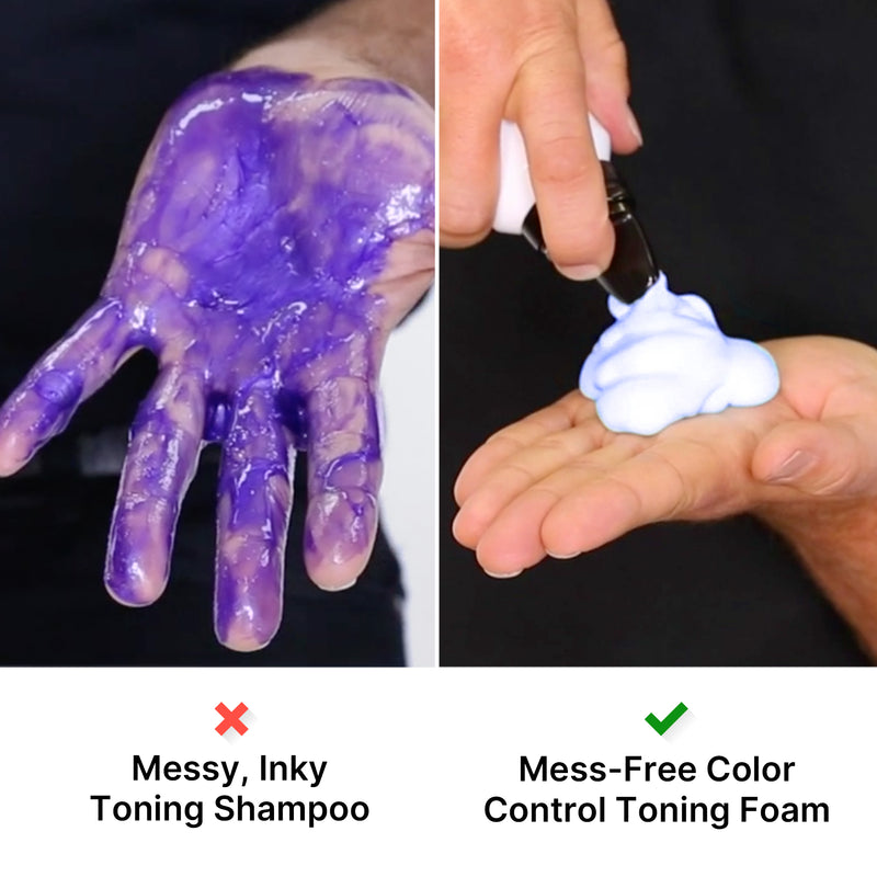 Image of hand covered in messy, inky, toning shampoo. Image of hand holding a pump of mess-free color control toning foam. 