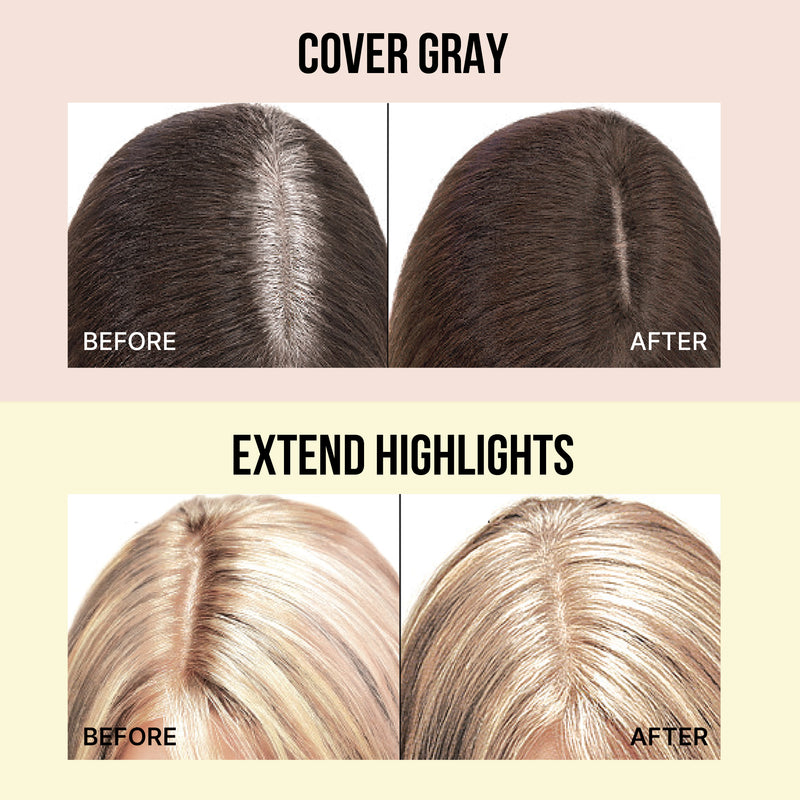Cover gray. Before & after of a model with gray roots and then brown roots.  Extend highlights. Before & after of a model with grown-out highlights and then touched-up extended highlights. 