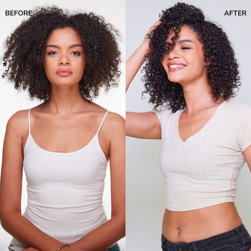 Before & after of a model with undefined, frizzy curls and then defined, glossy, frizz-free curls. 