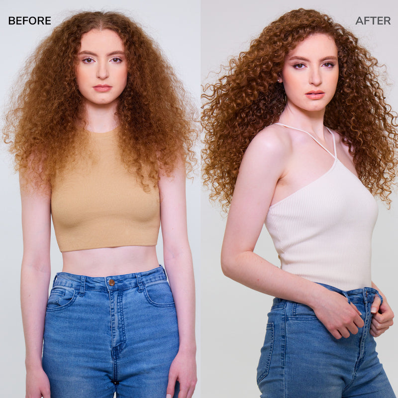 Before & after of a model with tangled, damaged curls and then tangle-free, fresh curls. 